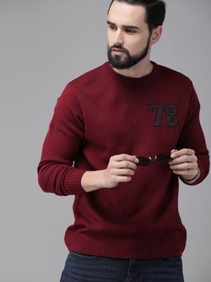 Roadster Solid Round Neck Casual Men Maroon Sweater