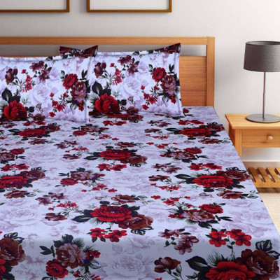 Decorum 204 TC Microfiber Double Floral Flat Bedsheet(Pack of 1, White)