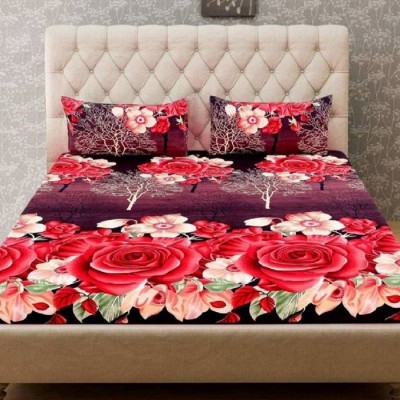 PAWAR 140 TC Microfiber Double Printed Flat Bedsheet(Pack of 1, RED ROSE COFFI COLOR BEDSHEET)