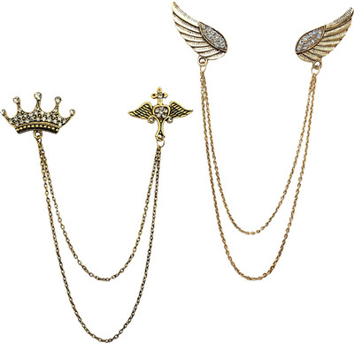 mahi Combo of Crown and Wings Chain Brooch with Crystals Brooch(White)