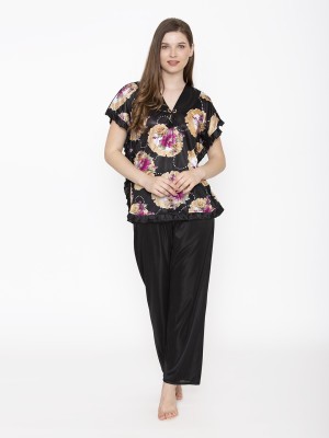 ROWENA Women Printed, Solid Brown, Black Top & Pyjama Set