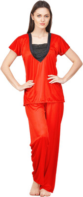Boosah Women Solid Red Top & Pyjama Set