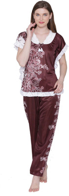 ROWENA Women Printed Brown, White Top & Pyjama Set