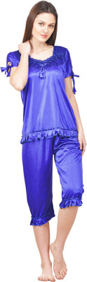 ROWENA Women Solid Blue Top & Pyjama Set