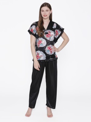 ROWENA Women Floral Print Grey, Black Top & Pyjama Set