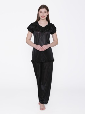 ROWENA Women Solid, Embroidered Black Top & Pyjama Set