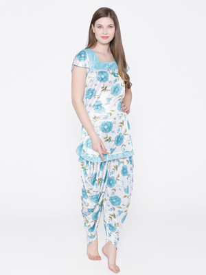 ROWENA Women Floral Print Light Blue Top & Pyjama Set