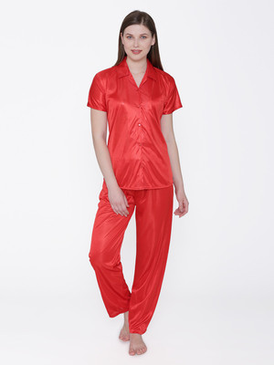 ROWENA Women Solid Red Top & Pyjama Set
