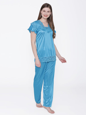 ROWENA Women Solid Blue Top & Pyjama Set