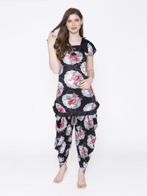 ROWENA Women Floral Print Grey, Black Top & Pyjama Set