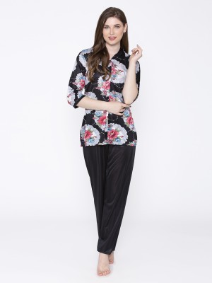 ROWENA Women Printed, Solid Grey, Black Shirt & Pyjama set