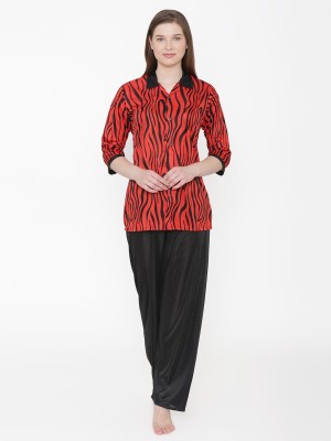 ROWENA Women Animal Print Red, Black Top & Pyjama Set