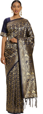 manvaa Woven Banarasi Silk Blend Saree(Dark Blue)