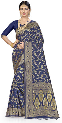 manvaa Woven Banarasi Silk Blend Saree(Dark Blue)