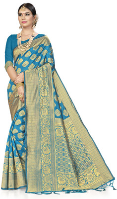 Shadow & Saining Woven Banarasi Silk Blend Saree(Blue)