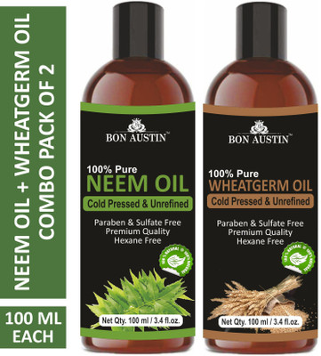 Bon Austin Premium Neem Oil & Wheatgerm Oil - Cold Pressed & Unrefined Combo pack of 2 bottles of 100 ml(200 ml)(200 ml)