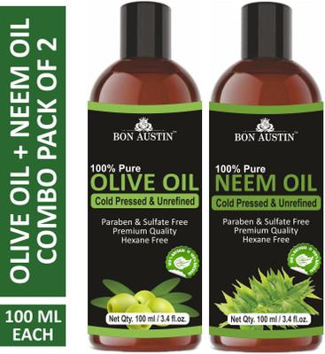 Bon Austin Premium Olive Oil & Neem Oil - Cold Pressed & Unrefined Combo pack of 2 bottles of 100 ml(200 ml)(200 ml)