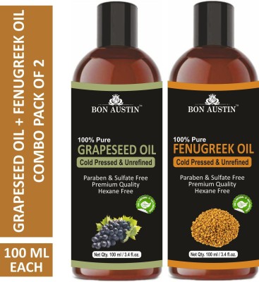 Bon Austin Premium Grapeseed Oil & Fenugreek Oil - Cold Pressed & Unrefined Combo pack of 2 bottles of 100 ml(200 ml)(200 ml)