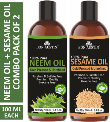 Bon Austin Premium Neem Oil & Sesame Oil - Cold Pressed & UnrefinedCombo pack of 2 bottles of 100 ml(200 ml)(200 ml)