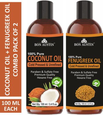 Bon Austin Premium Coconut Oil & Fenugreek Oil - Cold Pressed & Unrefined Combo pack of 2 bottles of 100 ml(200 ml)(200 ml)