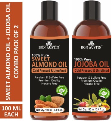 Bon Austin Premium Sweet Almond Oil & Jojoba Oil - Cold Pressed & Unrefined Combo pack of 2 bottles of 100 ml(200 ml)(200 ml)