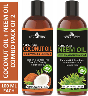 Bon Austin Premium Coconut Oil & Neem Oil - Cold Pressed & Unrefined Combo pack of 2 bottles of 100 ml(200 ml)(200 ml)