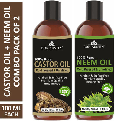 Bon Austin Premium Castor Oil & Neem Oil - Cold Pressed & Unrefined Combo pack of 2 bottles of 100 ml(200 ml)(200 ml)