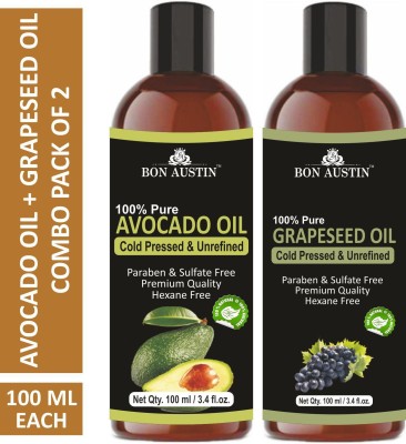 Bon Austin Premium Avocado Oil & Grapeseed Oil - Cold Pressed & Unrefined Combo pack of 2 bottles of 100 ml(200 ml)(200 ml)