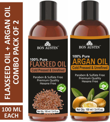 Bon Austin Premium Flaxseed Oil & Argan Oil - Cold Pressed & Unrefined Combo pack of 2 bottles of 100 ml(200 ml)(200 ml)