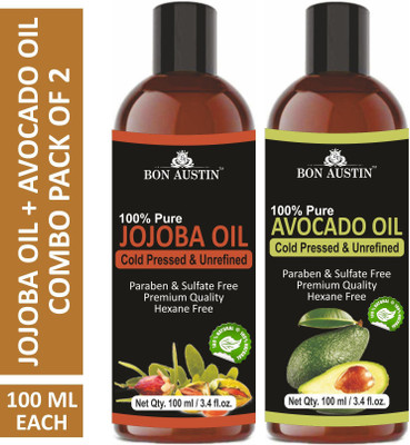 Bon Austin Premium Jojoba Oil & Avocado Oil - Cold Pressed & Unrefined Combo pack of 2 bottles of 100 ml(200 ml)(200 ml)