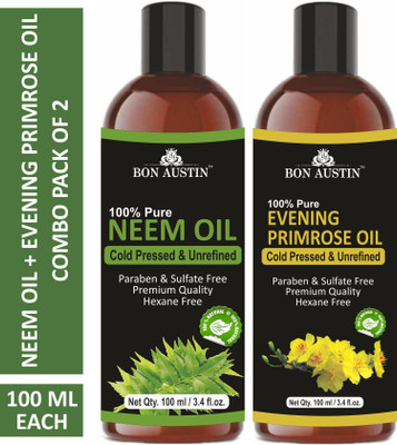Bon Austin Premium Neem Oil & Evening Primrose Oil - Cold Pressed & Unrefined Combo pack of 2 bottles of 100 ml(200 ml)(200 ml)