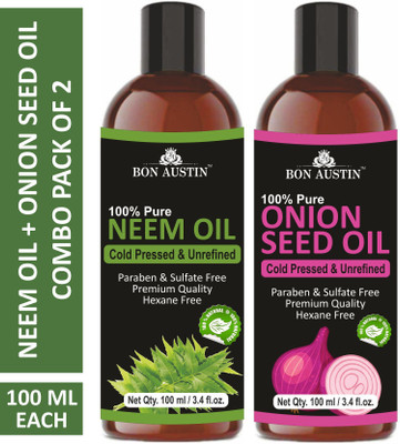 Bon Austin Premium Neem Oil & Onion Seed Oil - Cold Pressed & Unrefined Combo pack of 2 bottles of 100 ml(200 ml)(200 ml)