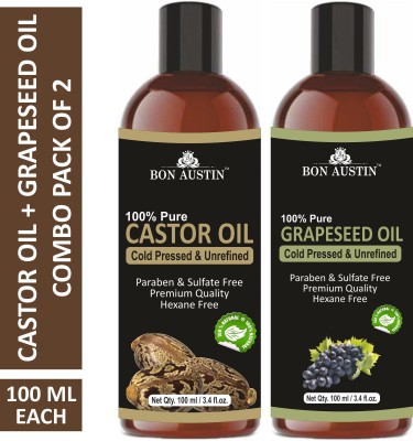 Bon Austin Premium Castor Oil & Grapeseed Oil - Cold Pressed & Unrefined Combo pack of 2 bottles of 100 ml(200 ml)(200 ml)