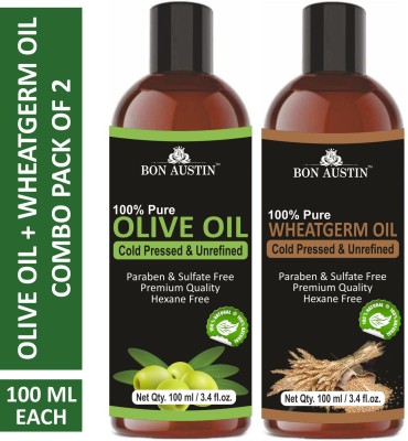 Bon Austin Premium Olive Oil & Wheatgerm Oil - Cold Pressed & Unrefined Combo pack of 2 bottles of 100 ml(200 ml)(200 ml)