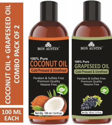 Bon Austin Premium Coconut Oil & Grapeseed Oil - Cold Pressed & Unrefined Combo pack of 2 bottles of 100 ml(200 ml)(200 ml)