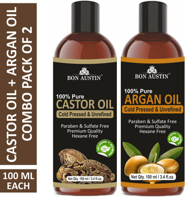Bon Austin Premium Castor Oil & Argan Oil - Cold Pressed & Unrefined Combo pack of 2 bottles of 100 ml(200 ml)(200 ml)