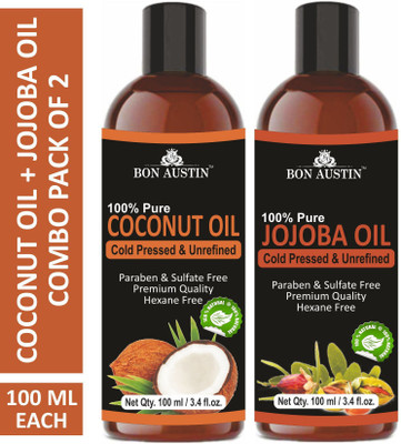 Bon Austin Premium Coconut Oil & Jojoba Oil - Cold Pressed & Unrefined Combo pack of 2 bottles of 100 ml(200 ml)(200 ml)
