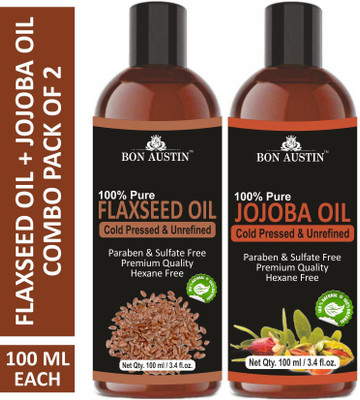 Bon Austin Premium Flaxseed Oil & Jojoba Oil - Cold Pressed & Unrefined Combo pack of 2 bottles of 100 ml(200 ml)(200 ml)