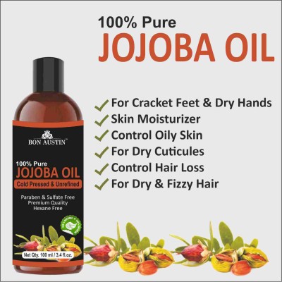 Bon Austin Premium Jojoba oil - Cold Pressed & Unrefined Combo pack of 3 bottles of 100 ml(300 ml)(300 ml)
