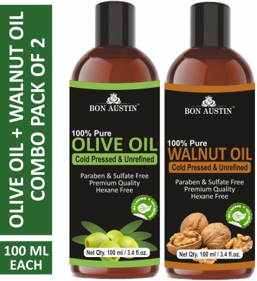 Bon Austin Premium Olive Oil & Walnut Oil - Cold Pressed & Unrefined Combo pack of 2 bottles of 100 ml(200 ml)(200 ml)