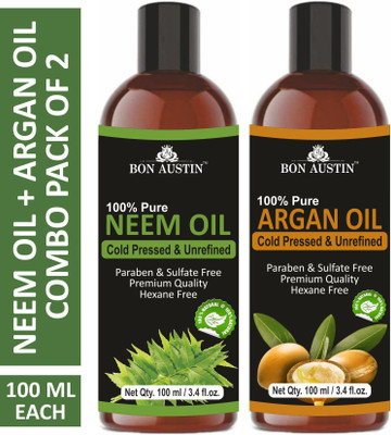 Bon Austin Premium Neem Oil & Argan Oil - Cold Pressed & Unrefined Combo pack of 2 bottles of 100 ml(200 ml)(200 ml)