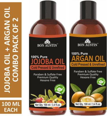 Bon Austin Premium Jojoba Oil & Argan Oil - Cold Pressed & Unrefined Combo pack of 2 bottles of 100 ml(200 ml)(200 ml)