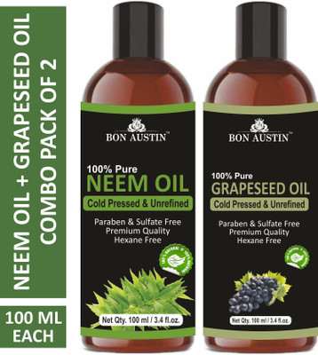 Bon Austin Premium Neem Oil & Grapeseed Oil - Cold Pressed & Unrefined Combo pack of 2 bottles of 100 ml(200 ml)(200 ml)