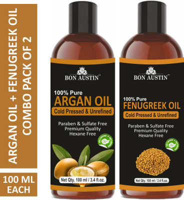 Bon Austin Premium Argan Oil & Fenugreek Oil - Cold Pressed & Unrefined Combo pack of 2 bottles of 100 ml(200 ml)(200 ml)