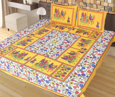 Chetan enterprises Cotton King Flat 144 TC Jaipuri Prints Bedsheet(Pack of 1, Yellow)
