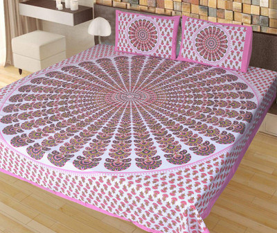 Womanica Cotton Double Flat 144 TC Jaipuri Prints Bedsheet(Pack of 1, Pink)