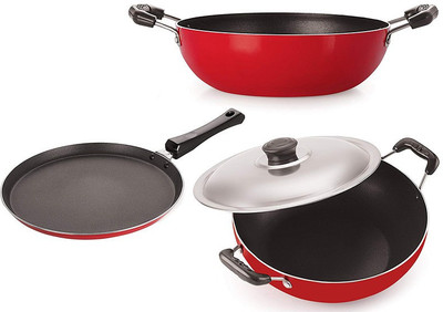 NIRLON Special Combo Set of Non-Stick Items Flat Tawa 27.5cm, Kadai 1.5L, Deep Kadai 2.2L, Best Offer of Kitchenware Induction Bottom Non-Stick Coated Cookware Set(Aluminium, 3 - Piece)