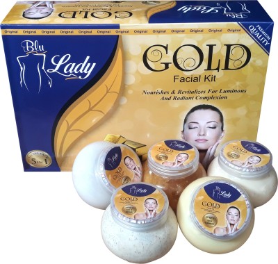 BLUE LADY Professional feel RADIANT GOLD Facial Kit, Suitable For all Age, Unisex For Fairness, Best In-stat Glow Facial Kit Ever in INDIA (Set OF 5)(275 g)