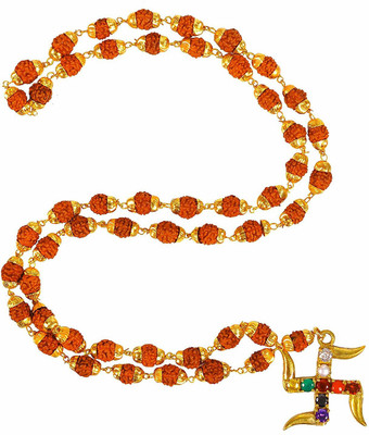 Takshila Gems Rudraksha Golden Caps Mala with Swastik Shape Navratna Stone Necklace