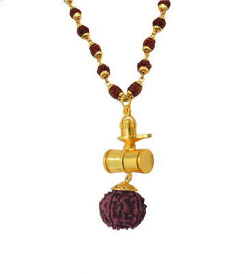 FeelTouchMart Shiv Shakti Kavach 5 Mukhi Rudraksha Mala With Shiv & Damru Gold-plated Brass, Wood Pendant